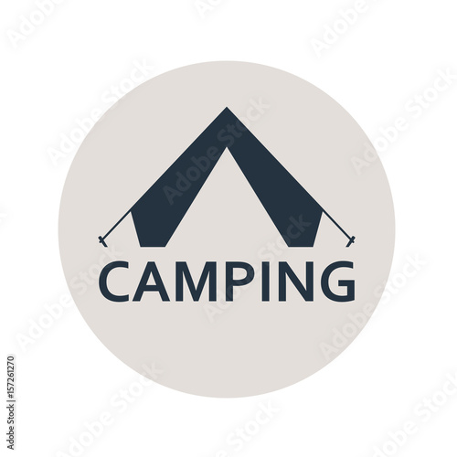 Icono plano CAMPING y tienda de camping en circulo gris