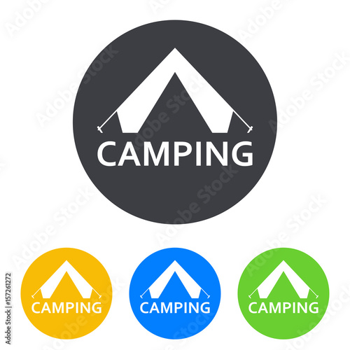 Icono plano CAMPING y tienda de camping en circulo varios colores