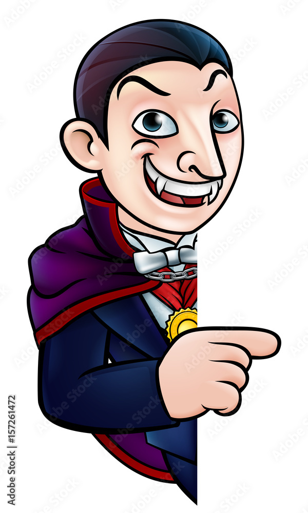 Fototapeta premium Cartoon Halloween Vampire Pointing at Sign