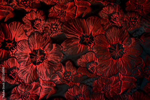 Bright jacquard fabric with floral pattern in black and red photo