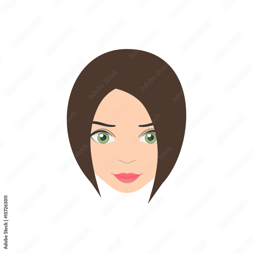 female head isolated on white background. person with brunette hair.  Character girl element for design your app, fashion journal or brochure