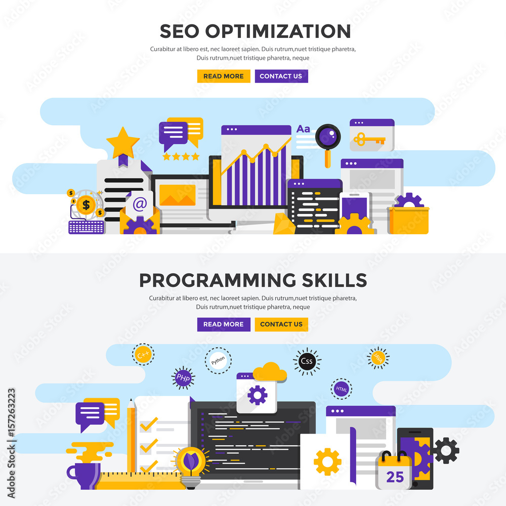 Flat design concept banners - Seo Optimization and Programming Skills Flat design concept banners - Seo Optimization and Programming Skills