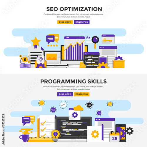 Flat design concept banners - Seo Optimization and Programming Skills
