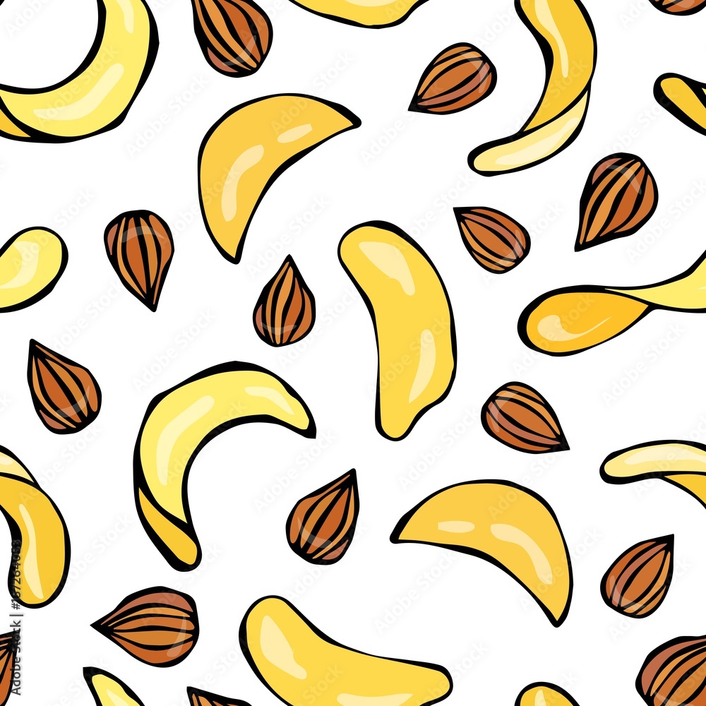 Potato Chips and Almond Seamless Fast food Pattern. Realistic Vector Illustration Isolated On a White Background Doodle Cartoon Hand Drawn Vintage Hipster Style Sketch. Potato Chips and Almond Seamless Fast food Pattern. Realistic Vector Illustration Isolated On a White Background Doodle Cartoon Hand Drawn Vintage Hipster Style Sketch.