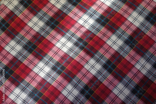 Viscose fabric with plaid print in red, black and white