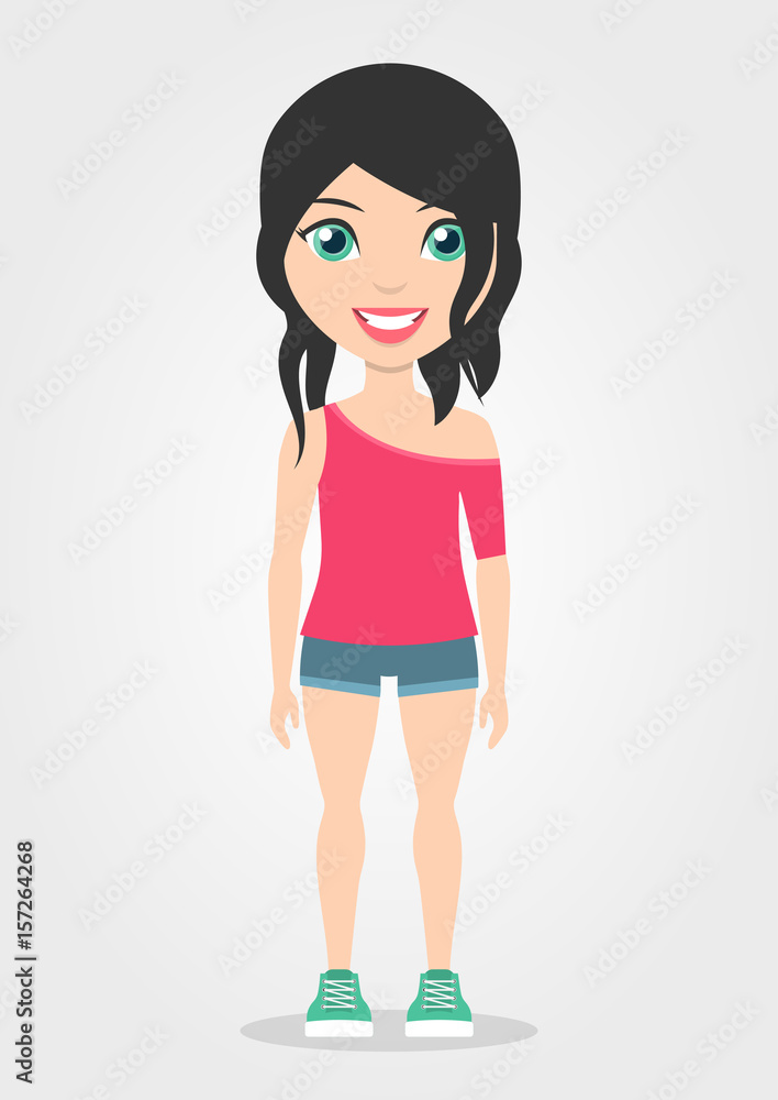 Standing vector girl in blouse, shorts and shoes isolated on white background. Woman figure template for your illustration. Character design Standing vector girl in blouse, shorts and shoes isolated on white background. Woman figure template for your illustration. Character design