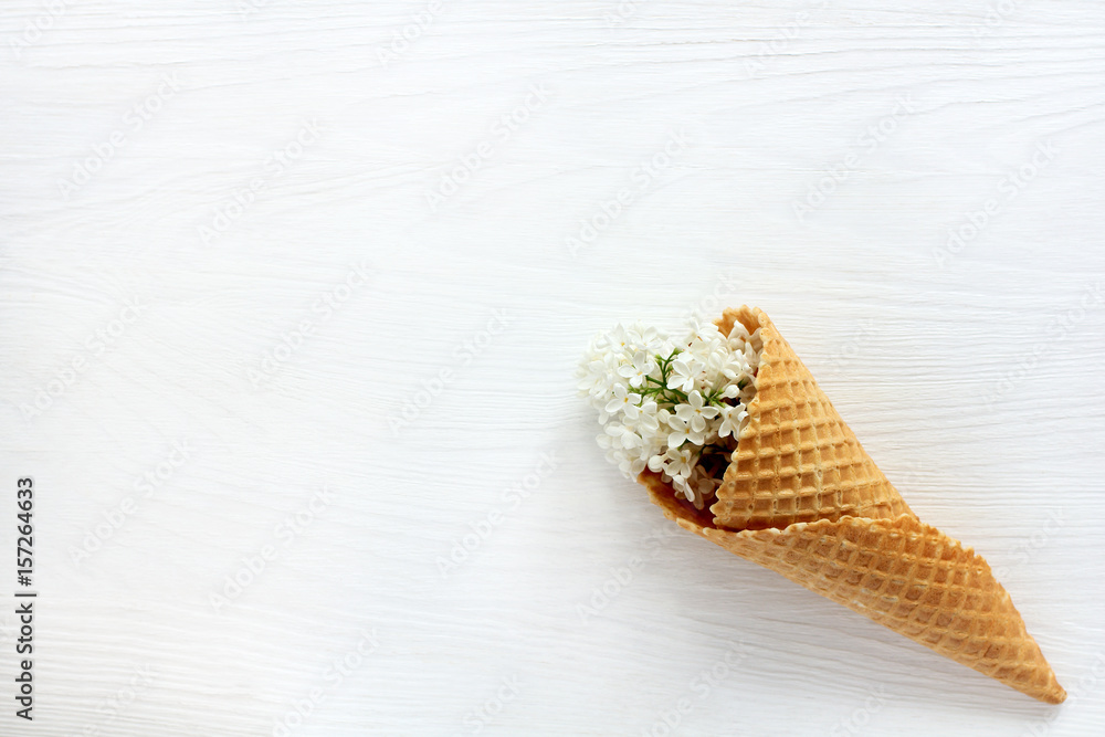 appetizing fragrant spring dessert/ wafer cone filled with white flowers of lilac, on a light surface