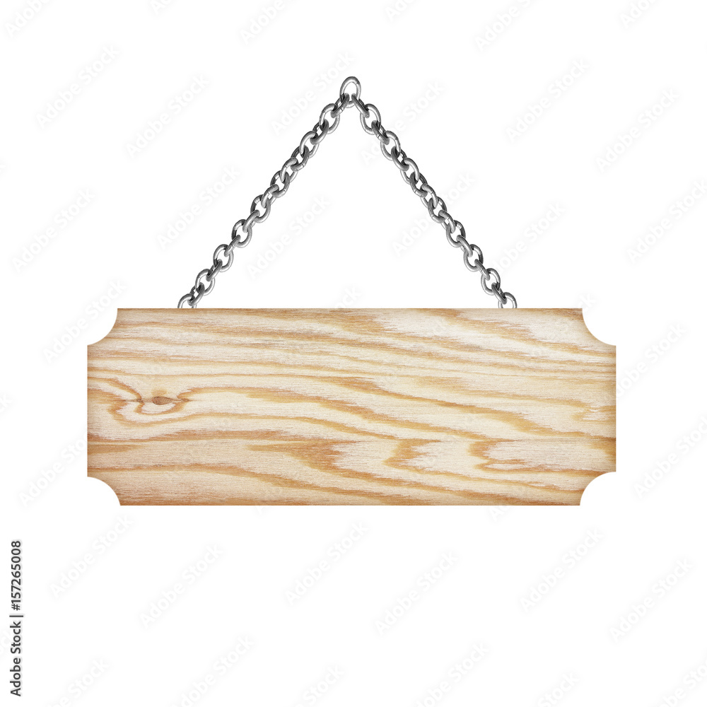 Wooden sign hanging on a chain isolated on white background Wooden sign hanging on a chain isolated on white background