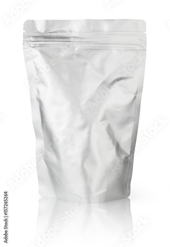 Blank foil plastic pouch food packaging isolated on white background. Single aluminium coffee package bag with clipping path.
