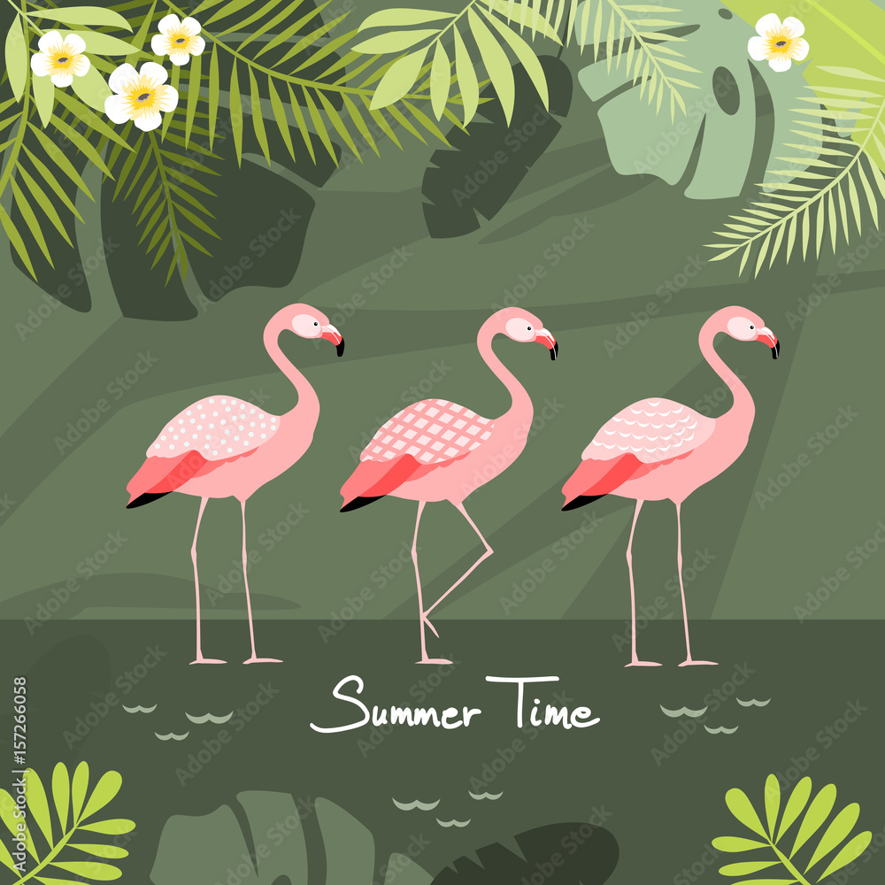 Fototapeta premium Flamingos with green tropical background, vector illustration