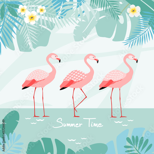 Flamingos with tropical background  vector illustration