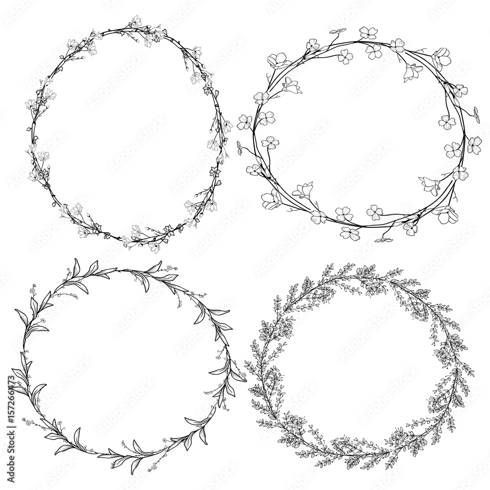 Doodle Wreaths with Branches, Herbs, Plants and Flowers Doodle Wreaths with Branches, Herbs, Plants and Flowers