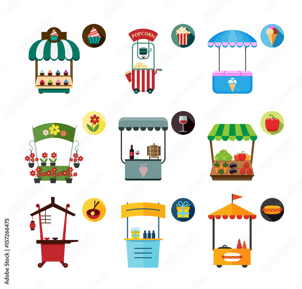 Set of stylized illustrations of promo stands and various promotional and sales objects. Collection of objects for external usage such as movable and fixed market stalls.