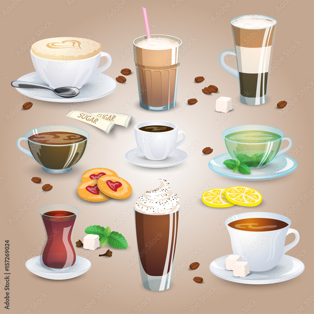 Set of tea drinks, sweets and bakery products. Set of tea drinks, sweets and bakery products.