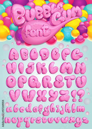 Font Bubble gum. Vector set of pink cartoon letters. Illustration of sweet bubble symbols alphabet photo