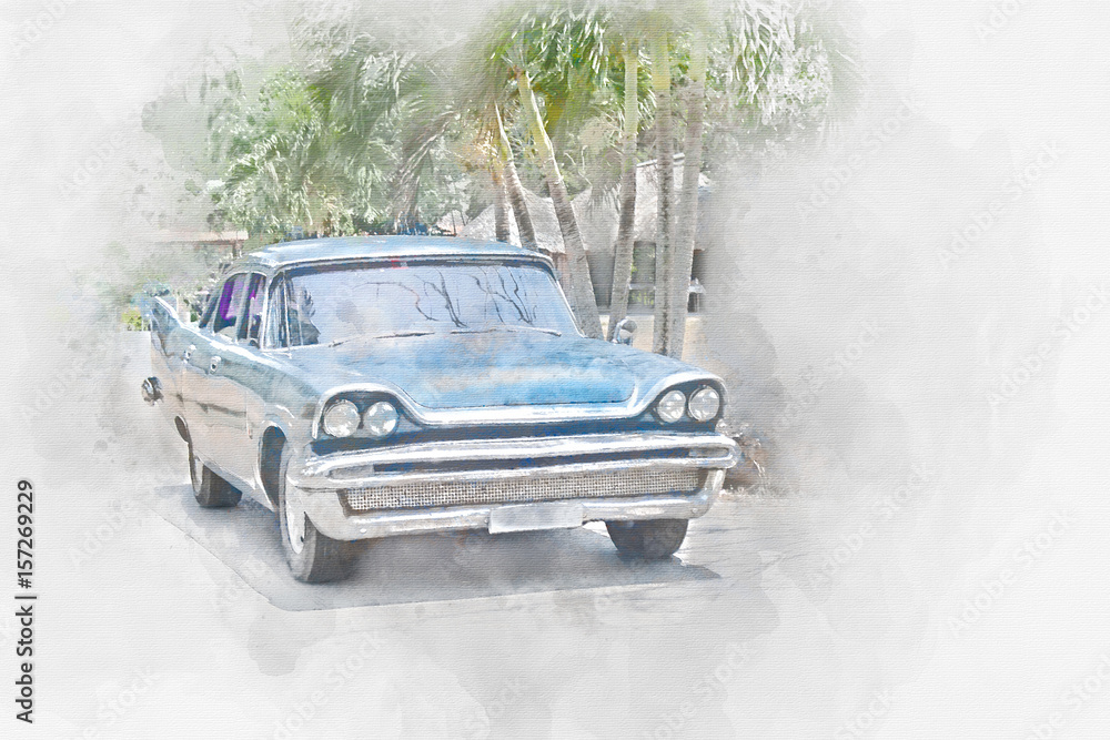 Obraz Old car in Cuba, watercolor