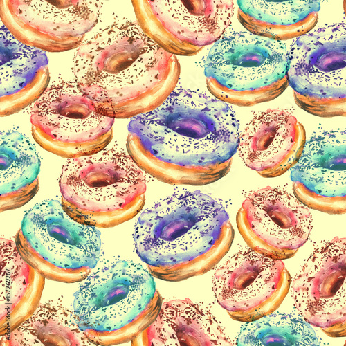 Seamless watercolor pattern background with a picture of donuts, sweets. Pink, blue color. Vintage drawing, hand graphics.
