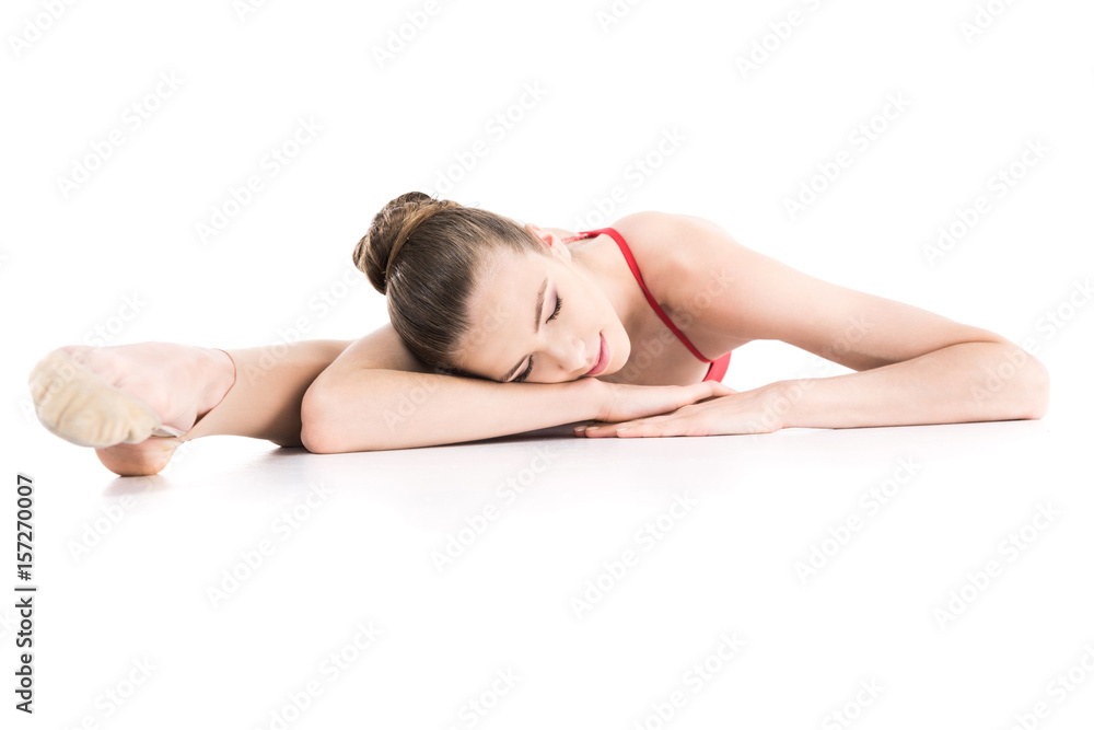 fit rhythmic gymnast stretching before training isolated on white fit rhythmic gymnast stretching before training isolated on white