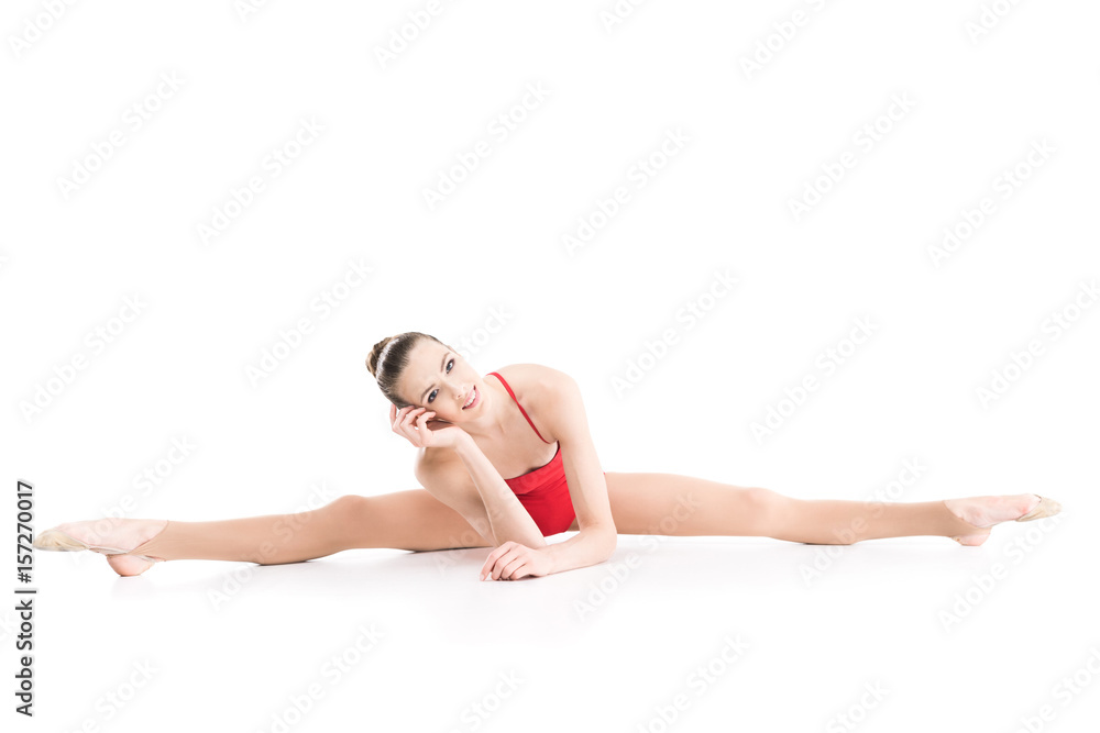 fit rhythmic gymnast stretching before training isolated on white fit rhythmic gymnast stretching before training isolated on white