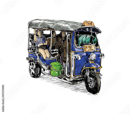 sketch of transportation city show traditional taxi motocycle Tuk-Tuk in Thailand, illustration