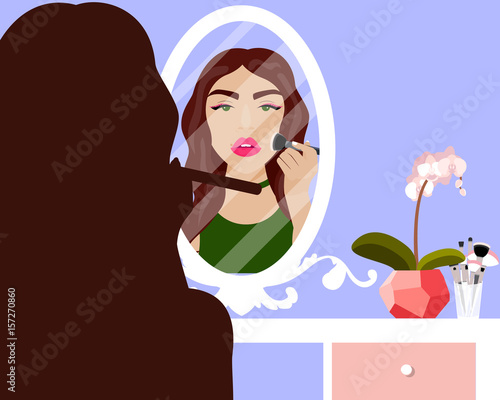 Vector illustration with girl doing makeup tutorial at vanity table, mirror and cosmetics product