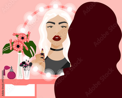 Vector illustration with girl doing makeup tutorial at vanity table, mirror and cosmetics product