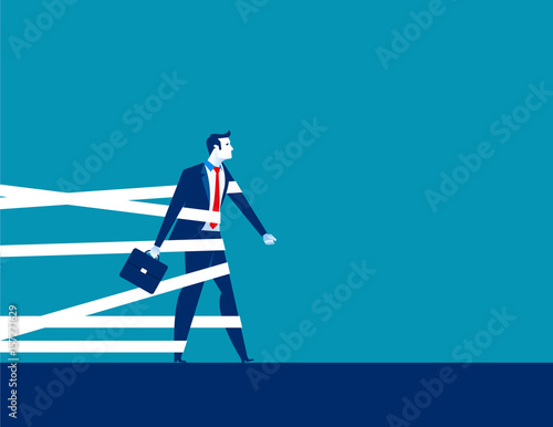 Businessman being held back by tape. Concept business vector.