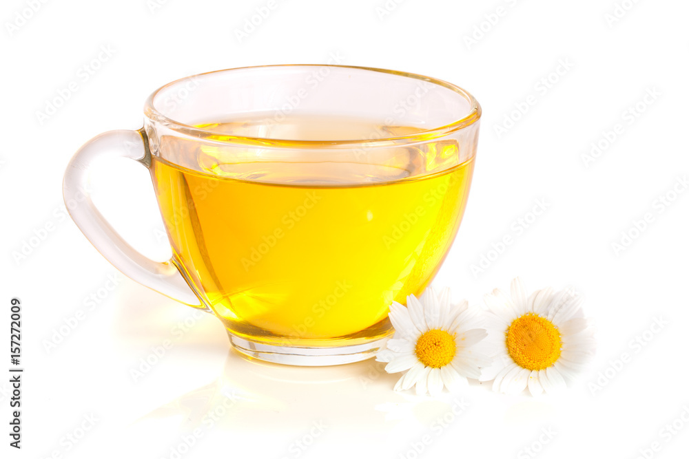 Herbal tea with fresh chamomile flowers isolated on white background