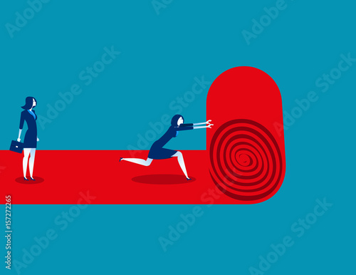 Businesswoman walks red carpet and staff rolls out. Concept business vector.