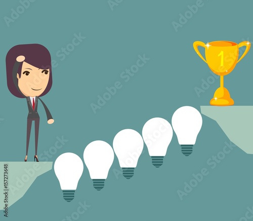 Cartoon woman wants cross the abyss. Thinking. Businessman solving a problem the bridge like lamp idea. Vector illustration for business design and infographic