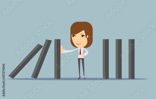 businesswoman stopping the domino effect with falling dominoes. Stock vector illustration for poster, greeting card, website, ad, business presentation, advertisement design.