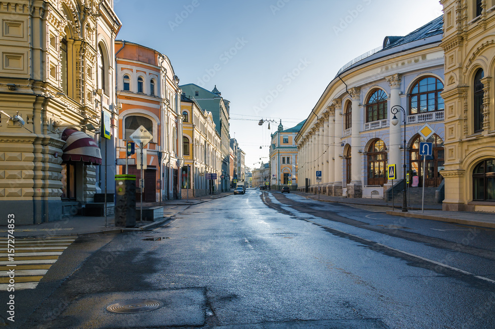 Morning view of one of the streets near Red Square, Moscow, Russia.