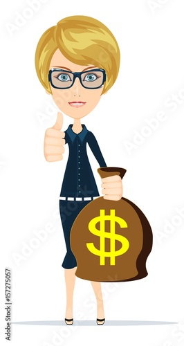 Woman holding money bag. Smiling businessman carrying big heavy sack full of cash money with dollar sign on it. Flat style modern vector illustration isolated on white background.