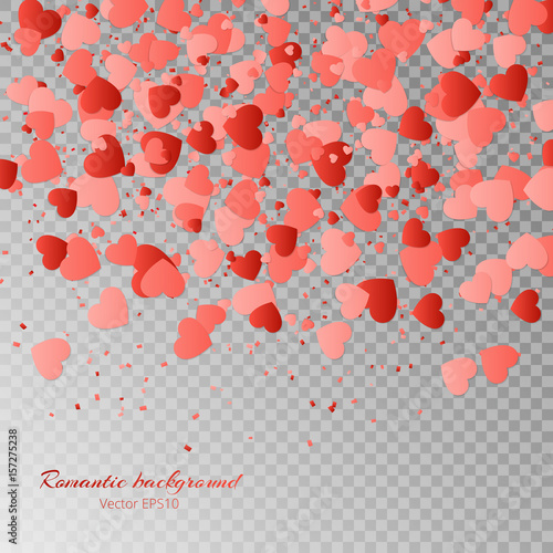 Valentines Day vector illustration with a pattern of falling hearts on a transparent background.
