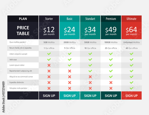 vector pricing table template design for business