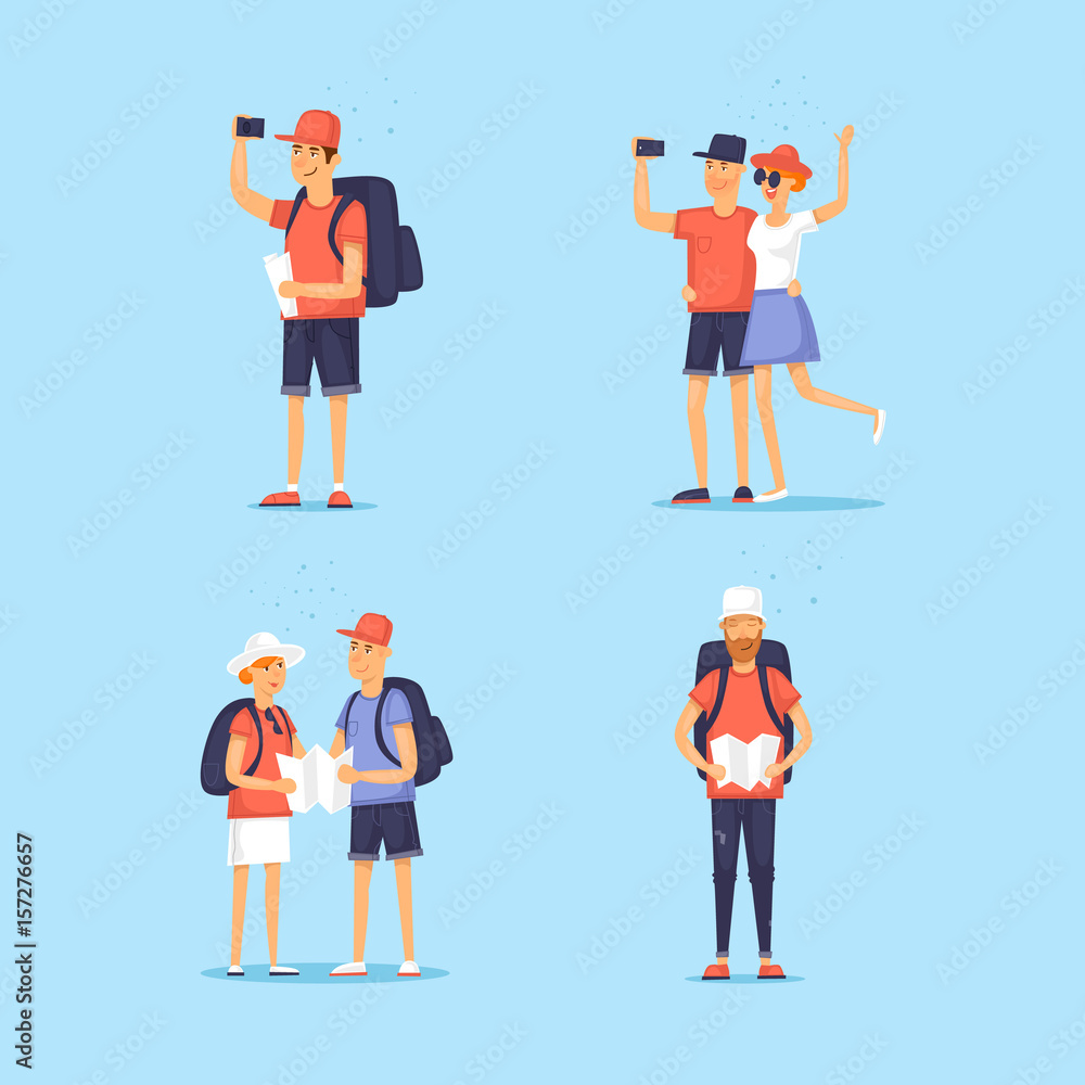 Set of tourists. World Travel. Character design. Planning summer vacations. Flat design vector illustration. Set of tourists. World Travel. Character design. Planning summer vacations. Flat design vector illustration.