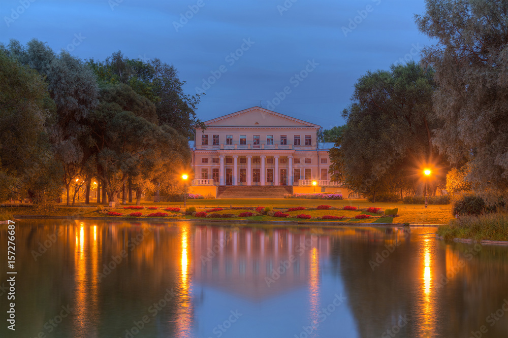 Night view of pond, park and palace in Yusupov Garden, Saint Petersburg, Russia.