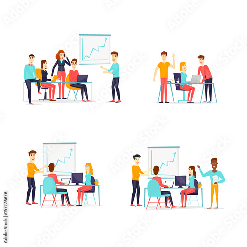 Business characters. Co working people, meeting, teamwork, collaboration and discussion, conference table, brainstorm. Workplace. Office life. Flat design vector illustration.