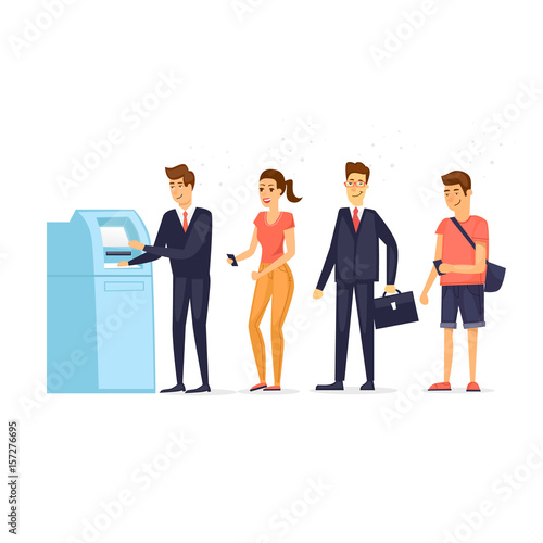 Queue to ATM. Flat design vector illustration.