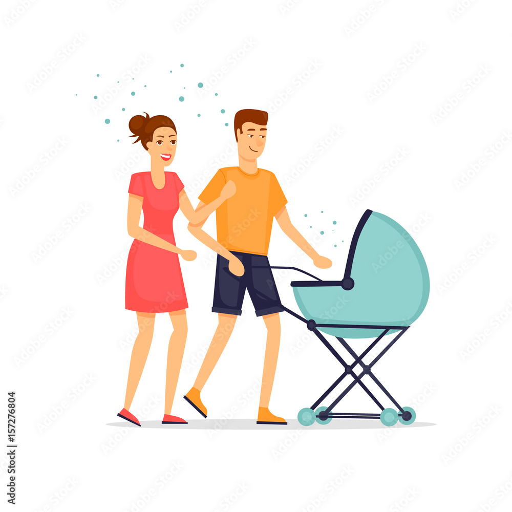 Young parents with a baby in a stroller. Flat vector illustration in cartoon style.