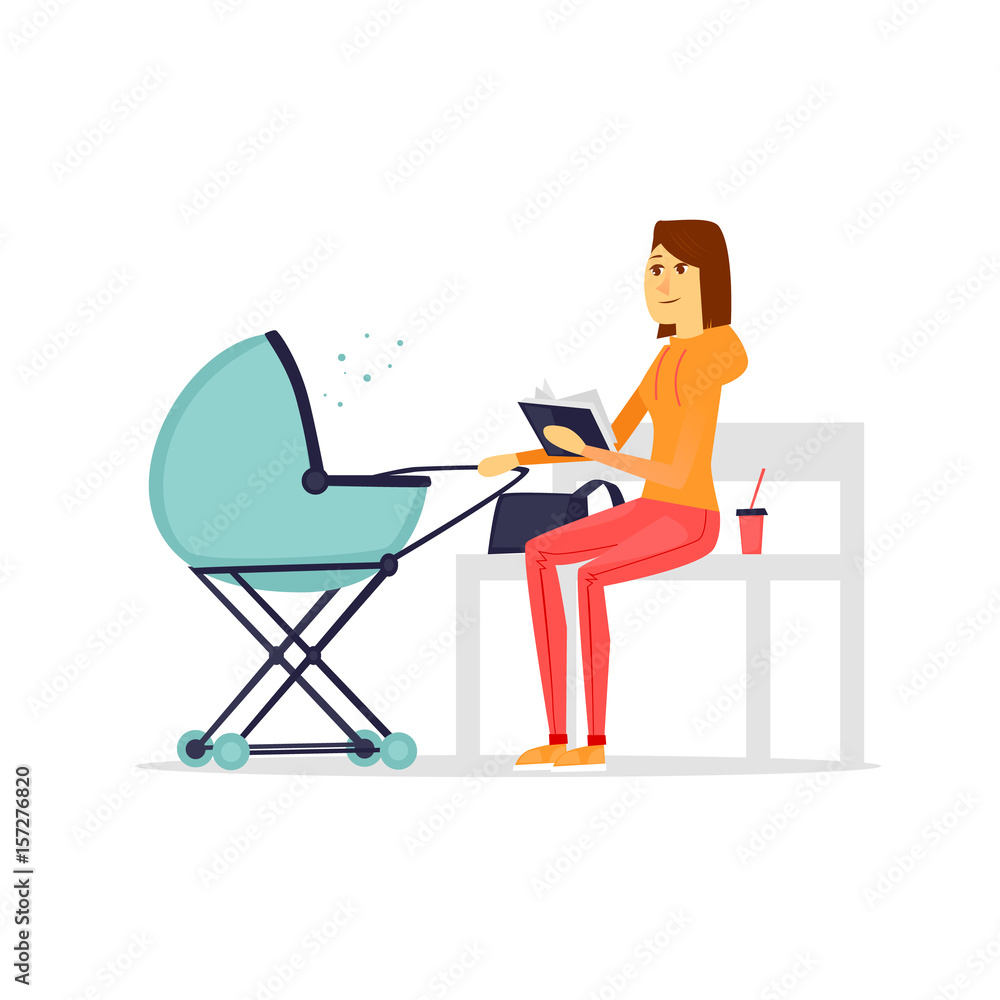 Young mother sits on a bench with a baby in a stroller. Flat vector illustration in cartoon style.