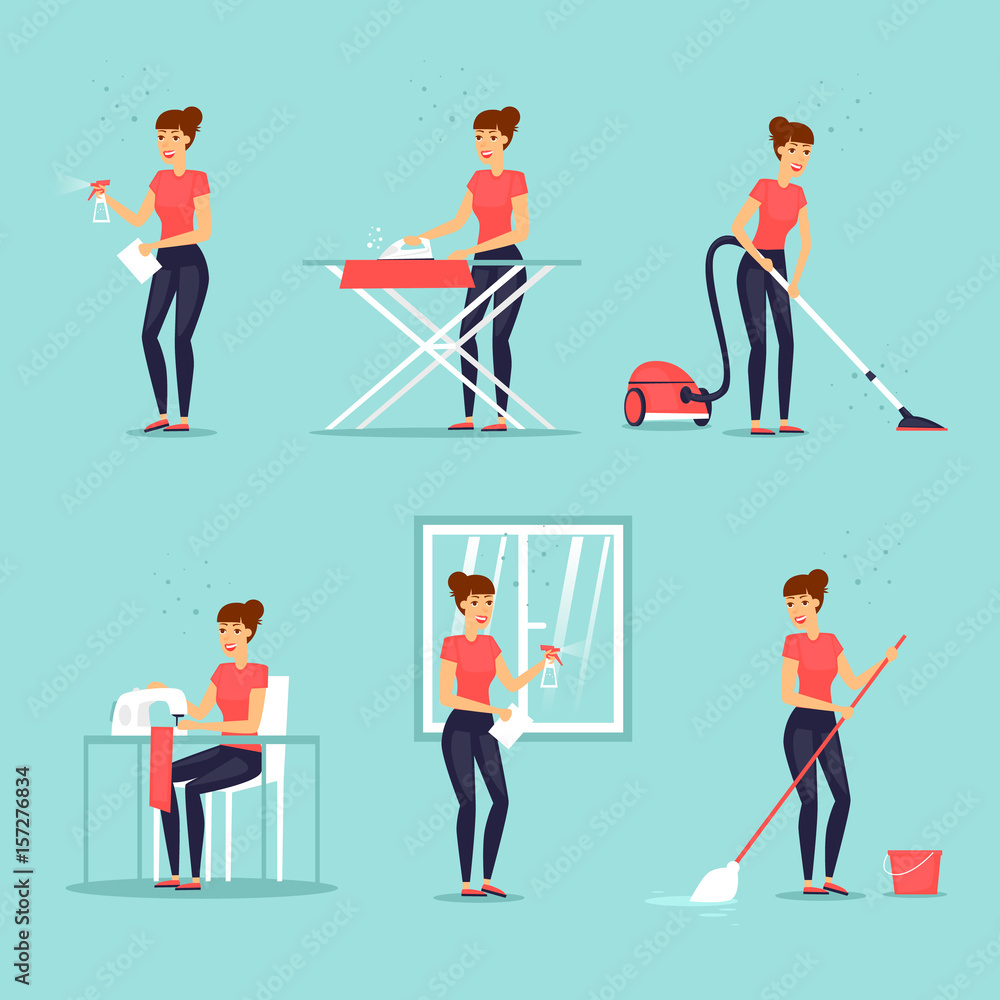Woman housewife set. Vacuum, wash, iron, sew. Vector illustration flat style.