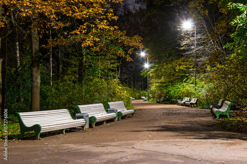 Night view of alley in the Kirov Central Culture and Leisure Park, Saint Petersburg, Russia.