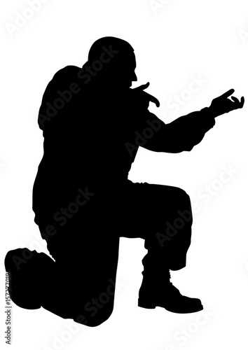 Soldier in uniform with weapon on white background