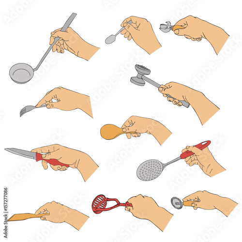 vector hands with kitchen utensils