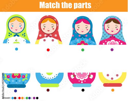 Educational children game. Match by color. Find halfs of matreshka doll