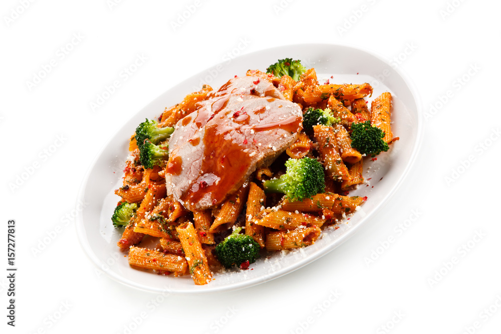 Pasta with meat, broccoli and tomato sauce on white background Pasta with meat, broccoli and tomato sauce on white background