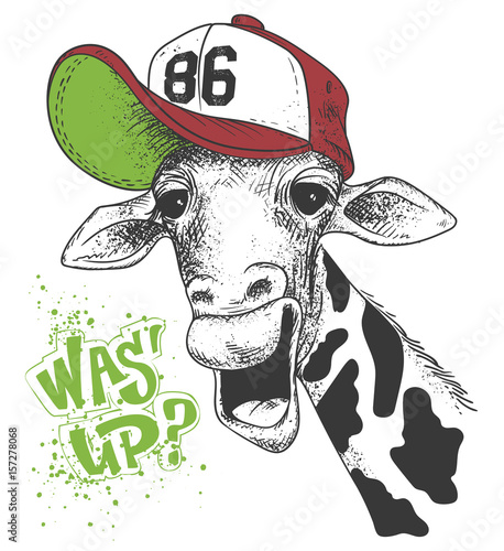 print with giraffe images and text, grunge effect, t-shirt design