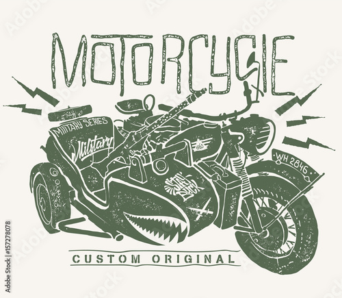 Military Motorcycle whith sidecar hand drawn t-shirt print
