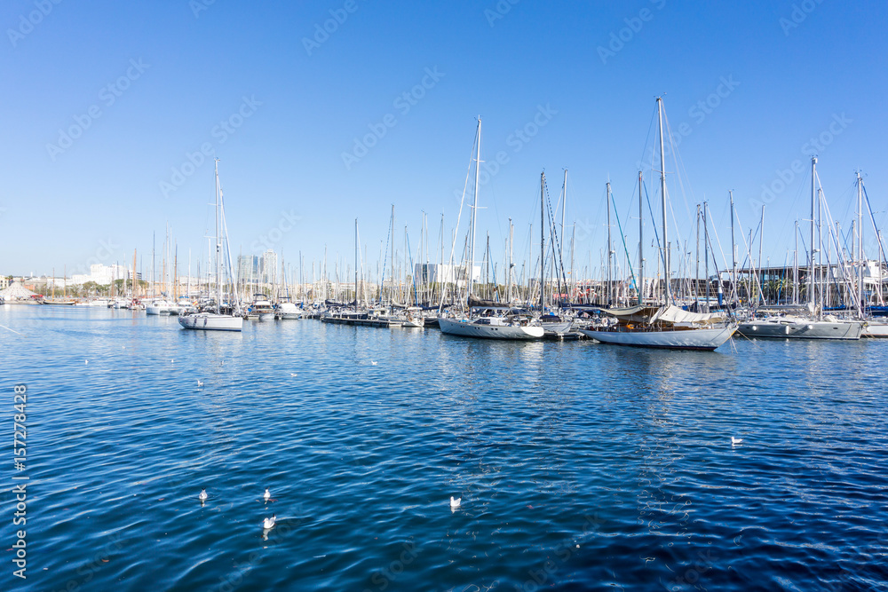 Street view of Barcelona harbor with boats, Spain Europe